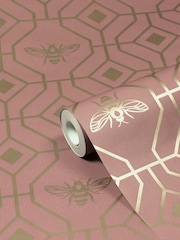 Furn Blush Pink Bee Deco Geometric Foiled Wallpaper - Image 2 of 3