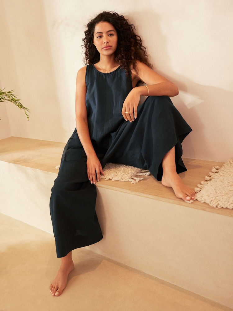Navy Linen Blend Wide Leg Jumpsuit - Image 1 of 6