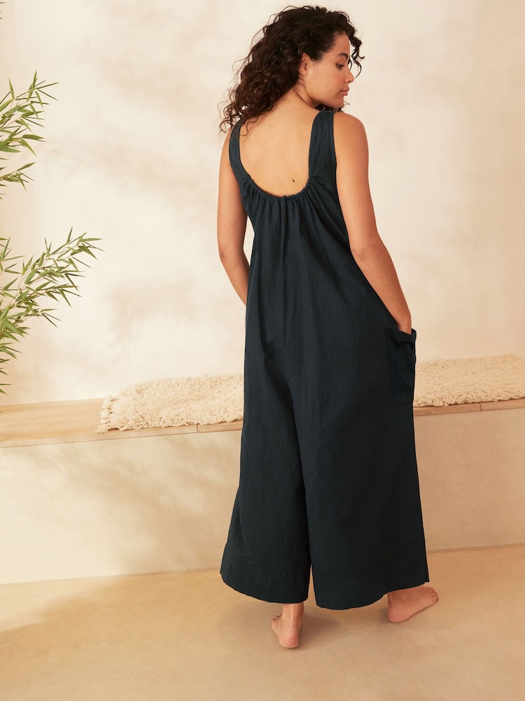 Navy Linen Blend Wide Leg Jumpsuit - Image 2 of 6