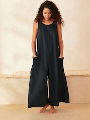 Navy Linen Blend Wide Leg Jumpsuit - Image 3 of 6
