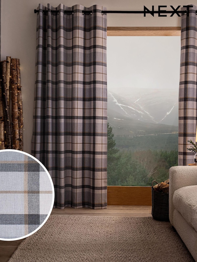 Grey/Natural Next Hoxton Check Eyelet Lined Curtains - Image 1 of 6