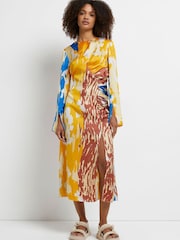 River Island Orange Ss Print Ruched Midi Dress - Image 1 of 5