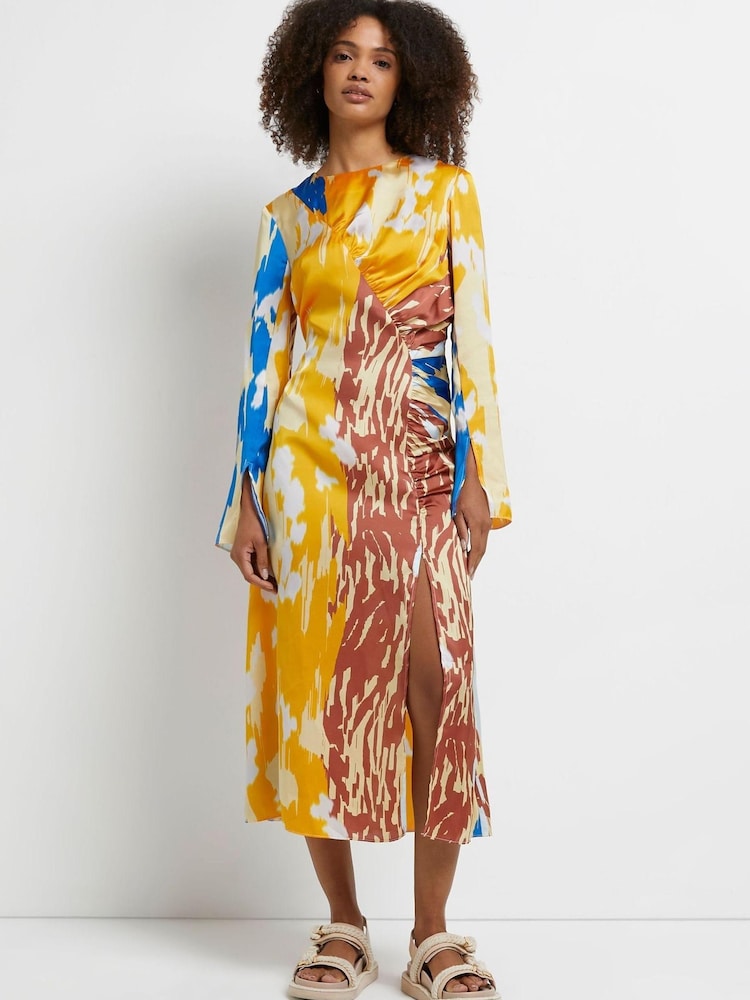 River Island Orange Ss Print Ruched Midi Dress - Image 1 of 5