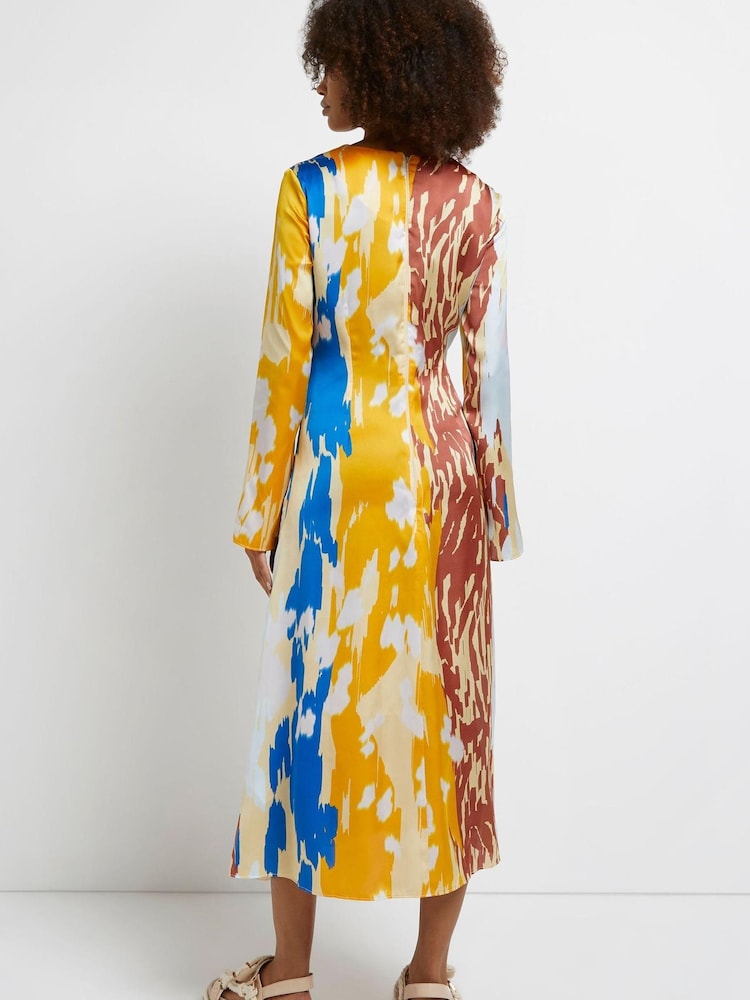 River Island Orange Ss Print Ruched Midi Dress - Image 2 of 5