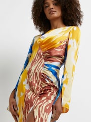 River Island Orange Ss Print Ruched Midi Dress - Image 4 of 5