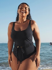 Figleaves Black Icon Maui Scoop Neck Belted Swimsuit - Image 1 of 4