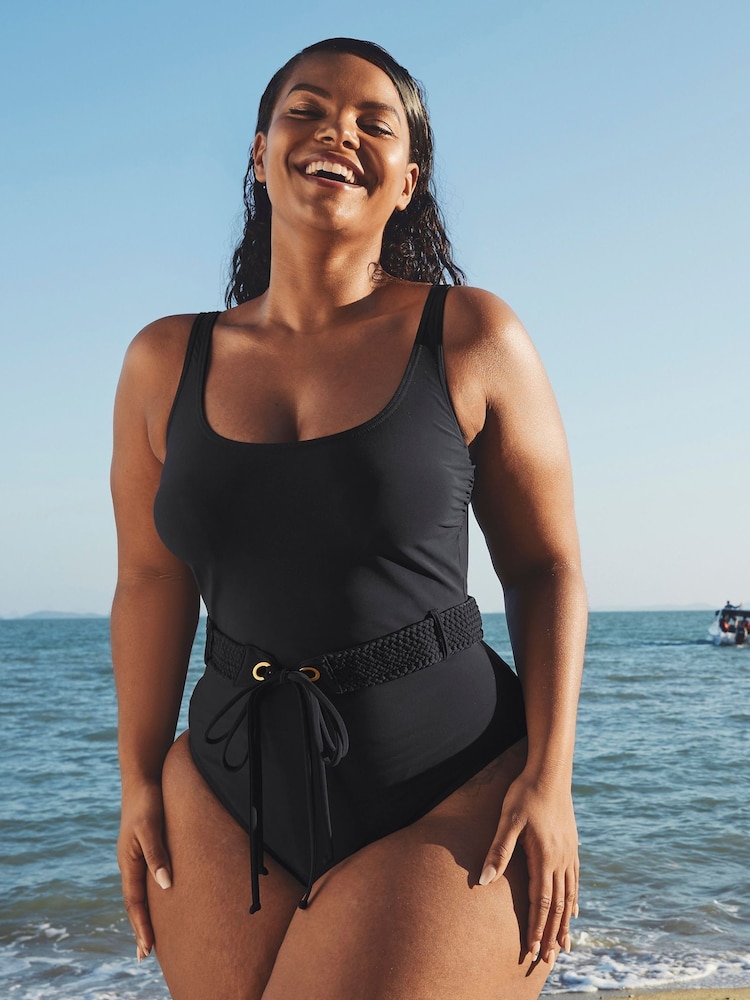 Figleaves Black Icon Maui Scoop Neck Belted Swimsuit - Image 1 of 4