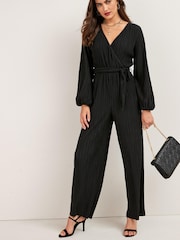 Black Long Sleeve Plissé Jumpsuit - Image 2 of 5