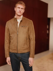 Tan Brown Faux Suede Biker Jacket - Image 1 of 10