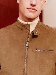 Tan Brown Faux Suede Biker Jacket - Image 4 of 10