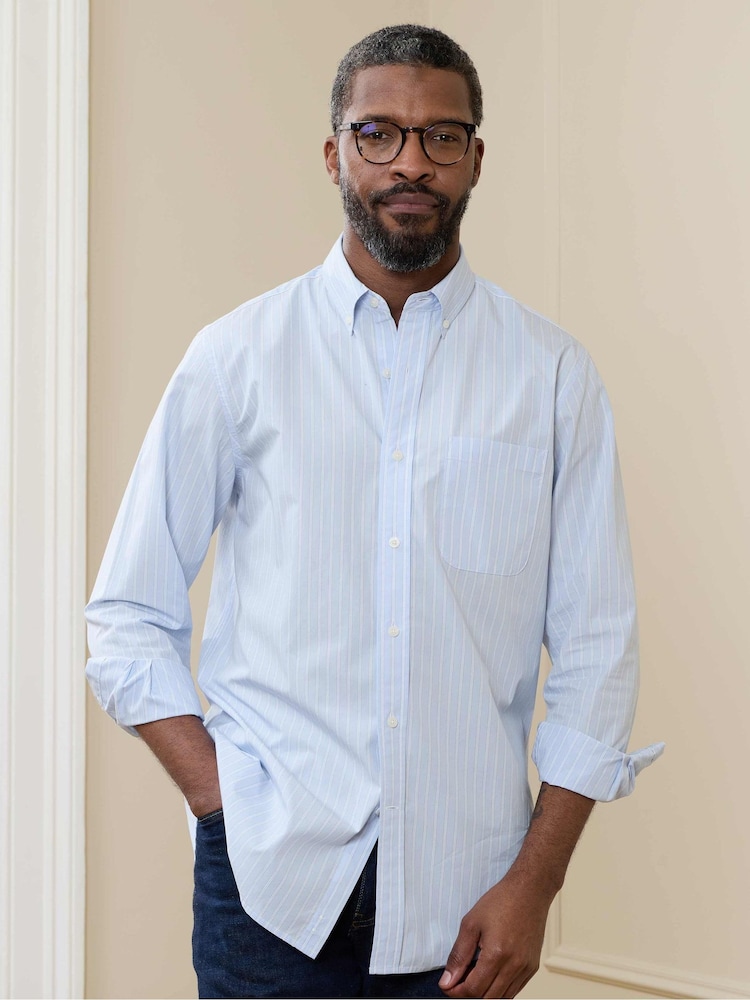 Savile Row Company Light Blue Classic Fit Striped Cotton Poplin Button Down Smart Casual Shirt - Image 1 of 4 Savile Row Company Light Blue Classic Fit Striped Cotton Poplin Button Down Smart Casual Shirt - Image 1 of 4