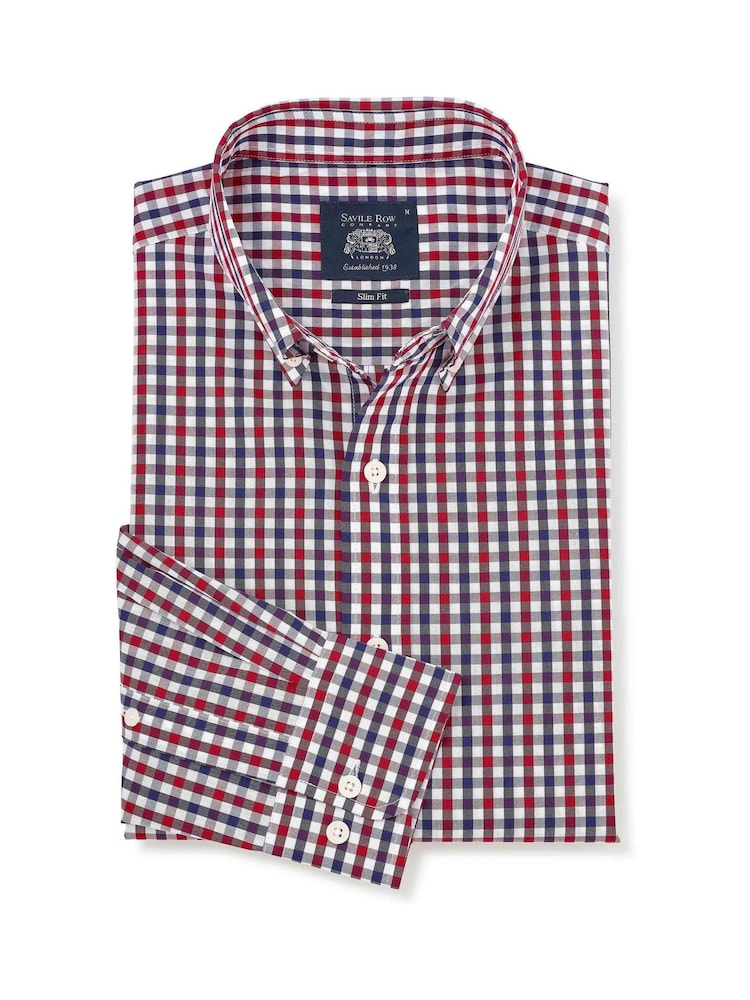 Savile Row Company Red Slim Fit Cotton Poplin Gingham Check Casual Shirt - Image 1 of 3 Savile Row Company Red Slim Fit Cotton Poplin Gingham Check Casual Shirt - Image 1 of 3