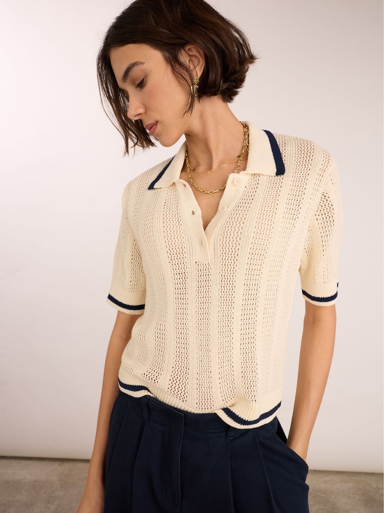 Baukjen Cream Janice Cotton Knitted Polo Top - Image 2 of 4