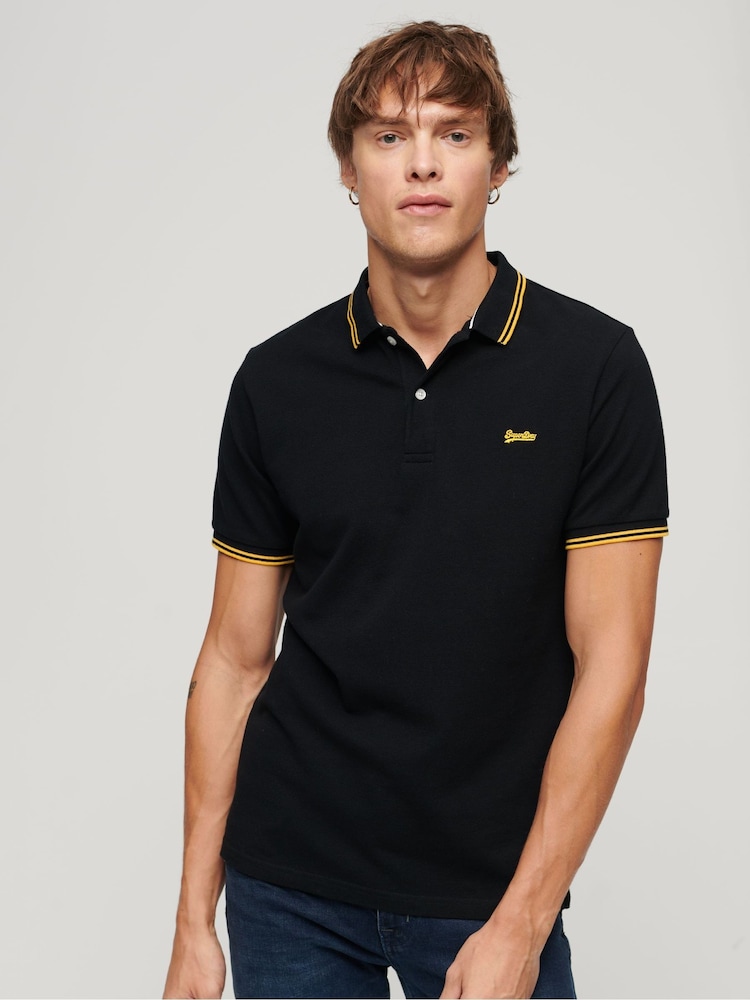 Superdry Black Cotton Vintage Tipped Short Sleeve Polo Shirt - Image 1 of 4
