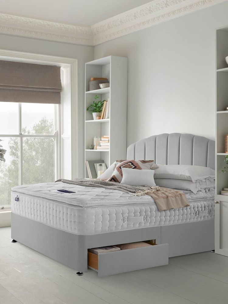 Silentnight Silver Mirapocket 2800 Memory Pillow Top Mattress and 2 Drawer Velvet Divan Base Bed Set - Image 1 of 5