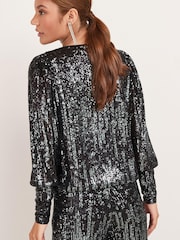 Black Next Long Sleeve V-Neck Sequin Wrap Party Blouse - Image 2 of 5
