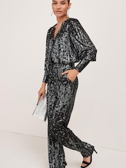 Black Next Long Sleeve V-Neck Sequin Wrap Party Blouse - Image 4 of 5