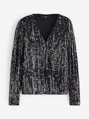 Black Next Long Sleeve V-Neck Sequin Wrap Party Blouse - Image 5 of 5
