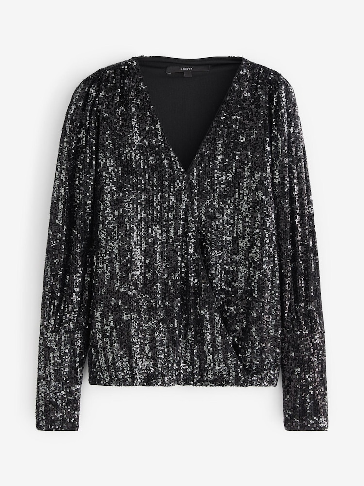 Black Next Long Sleeve V-Neck Sequin Wrap Party Blouse - Image 5 of 5
