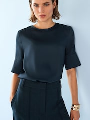 Navy Curved Hem Satin Formal T-Shirt Short Sleeves Top - Image 1 of 5