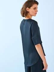 Navy Curved Hem Satin Formal T-Shirt Short Sleeves Top - Image 2 of 5