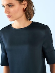 Navy Curved Hem Satin Formal T-Shirt Short Sleeves Top - Image 4 of 5