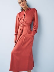 Rust Brown Satin Belted Midi Dress - Image 1 of 2