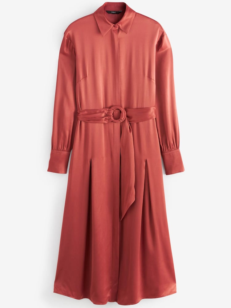 Rust Brown Satin Belted Midi Dress - Image 2 of 2