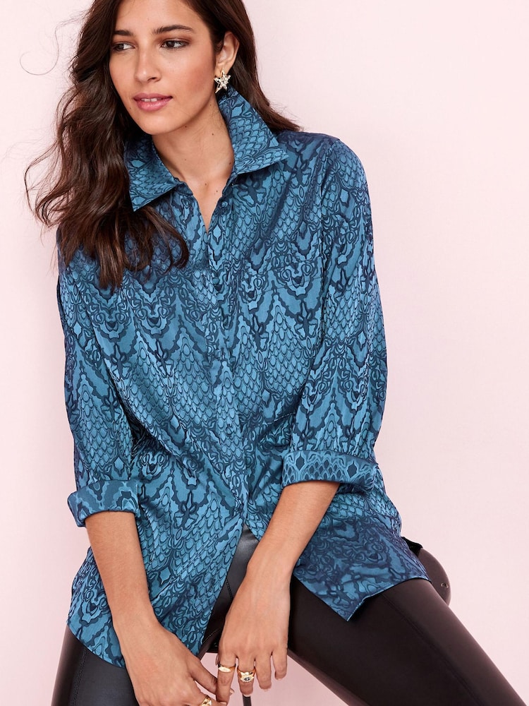Blue Snake Print Satin Jacquard Shirt - Image 1 of 1