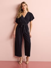 Black Short Sleeve Plissé Jumpsuit - Image 1 of 5