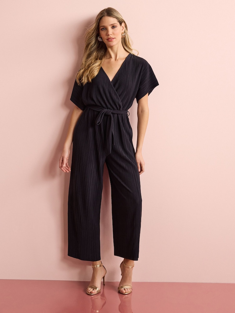 Black Short Sleeve Plissé Jumpsuit - Image 1 of 5