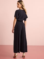 Black Short Sleeve Plissé Jumpsuit - Image 2 of 5
