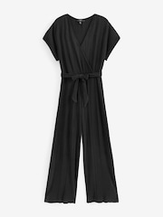 Black Short Sleeve Plissé Jumpsuit - Image 5 of 5