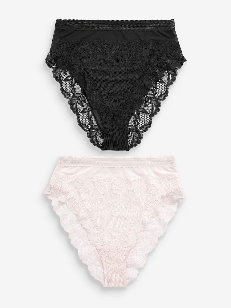 Black/Cream High Rise High Leg Lace Knickers 2 Pack - Image 1 of 7