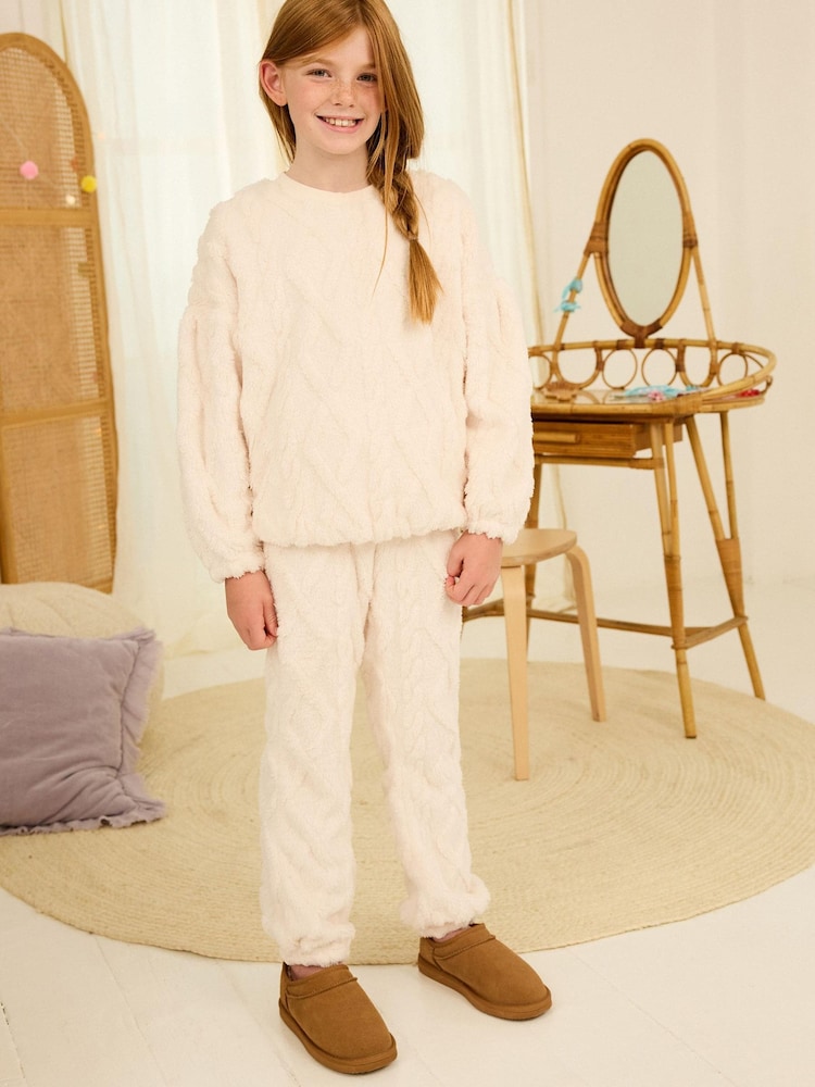 Cream Cosy Fleece Cable Pyjamas (3-16yrs) - Image 1 of 6