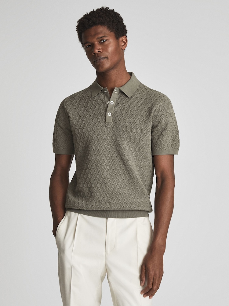 Reiss Sage Dollar Textured Diamond Stitch Polo T-Shirt - Image 1 of 6