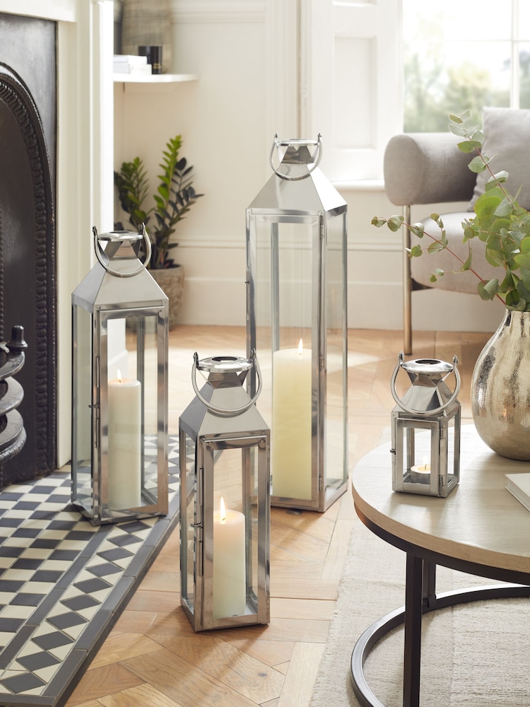 Silver Extra Large Metal And Glass Lantern - Image 1 of 6