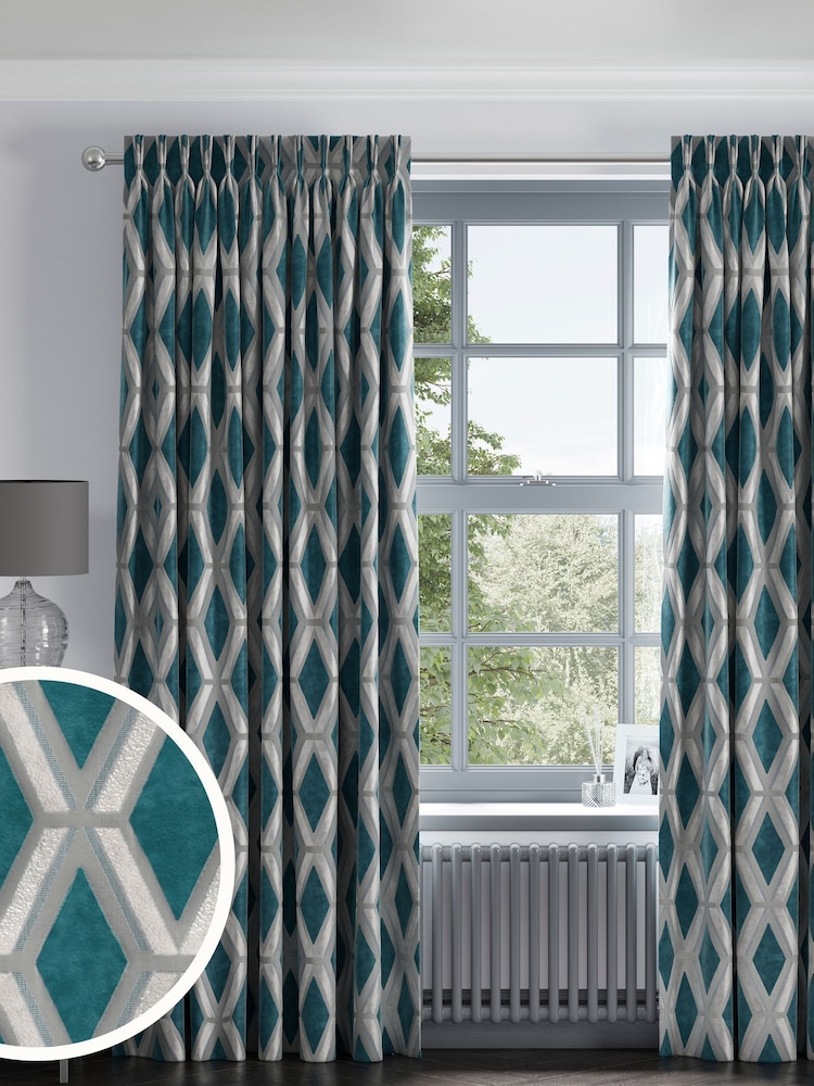 Teal Blue Collection Luxe Heavyweight Geometric Cut Velvet Made To Measure Curtains - Image 1 of 9