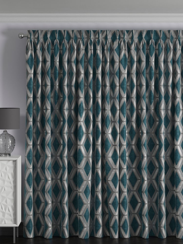 Teal Blue Collection Luxe Heavyweight Geometric Cut Velvet Made To Measure Curtains - Image 2 of 9