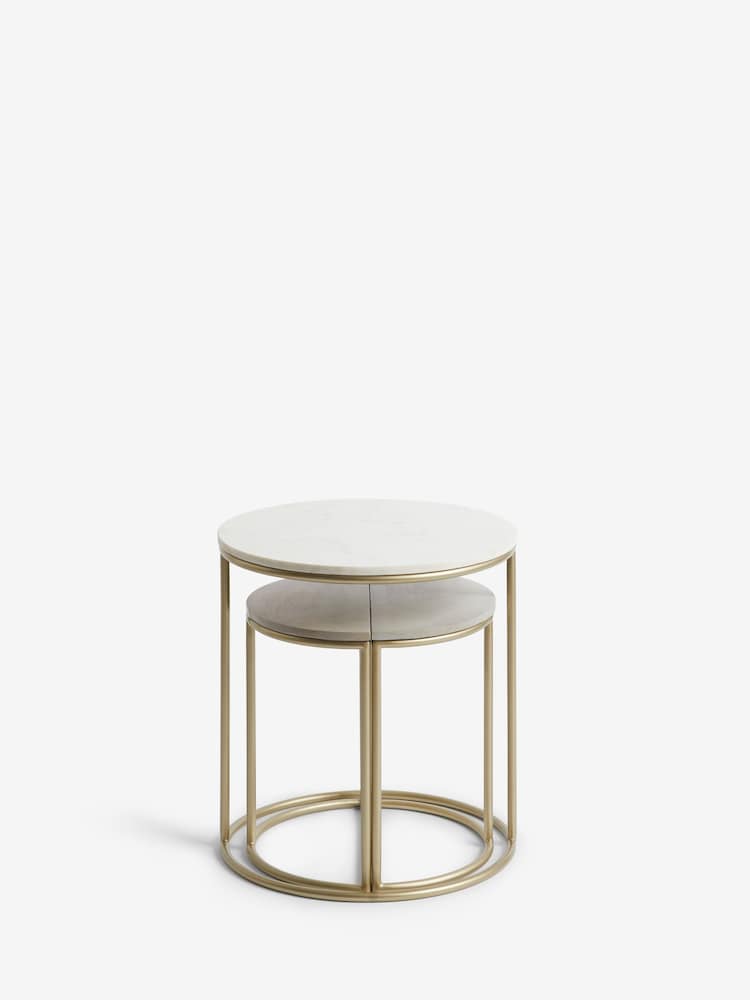 Light Grey Marble Mango Wood Round Set of 3 Nest of Tables - Image 2 of 6 Light Grey Marble Mango Wood Round Set of 3 Nest of Tables - Image 2 of 6