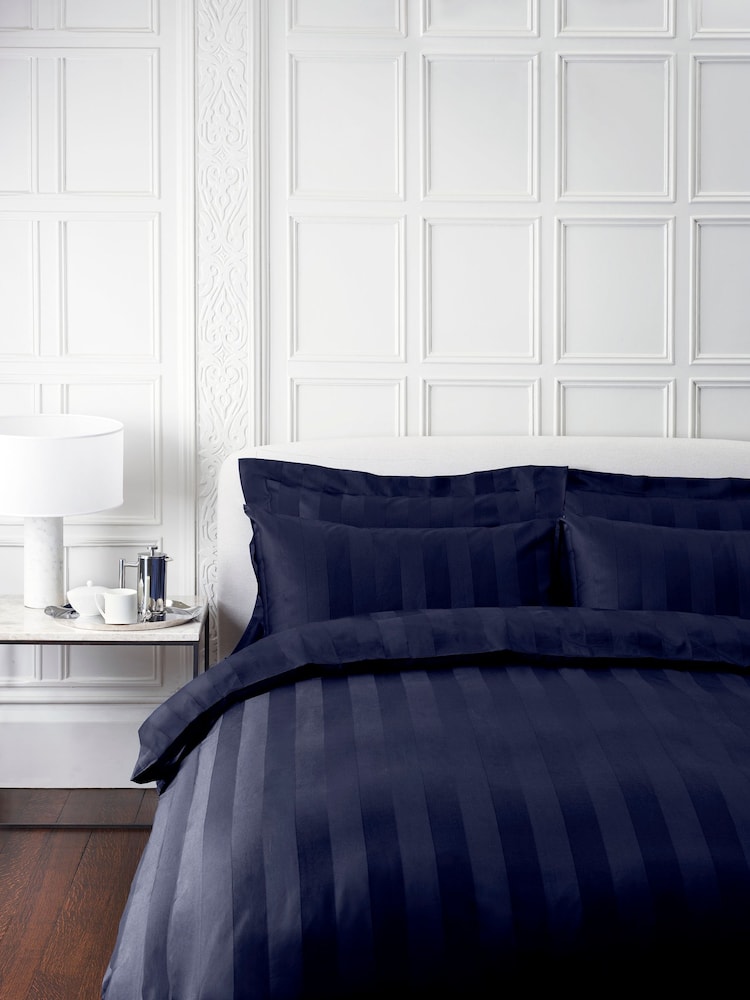 Jasper Conran London Navy Blue 500 Thread Count Satin Stripe 100% Cotton Pillowcase - Image 1 of 4