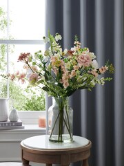 Pink Artificial Flowers In Large Glass Vase - Image 1 of 4