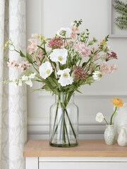 Pink Artificial Flowers In Large Glass Vase - Image 2 of 4