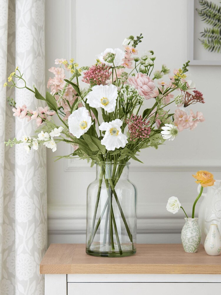 Pink Artificial Flowers In Large Glass Vase - Image 2 of 4