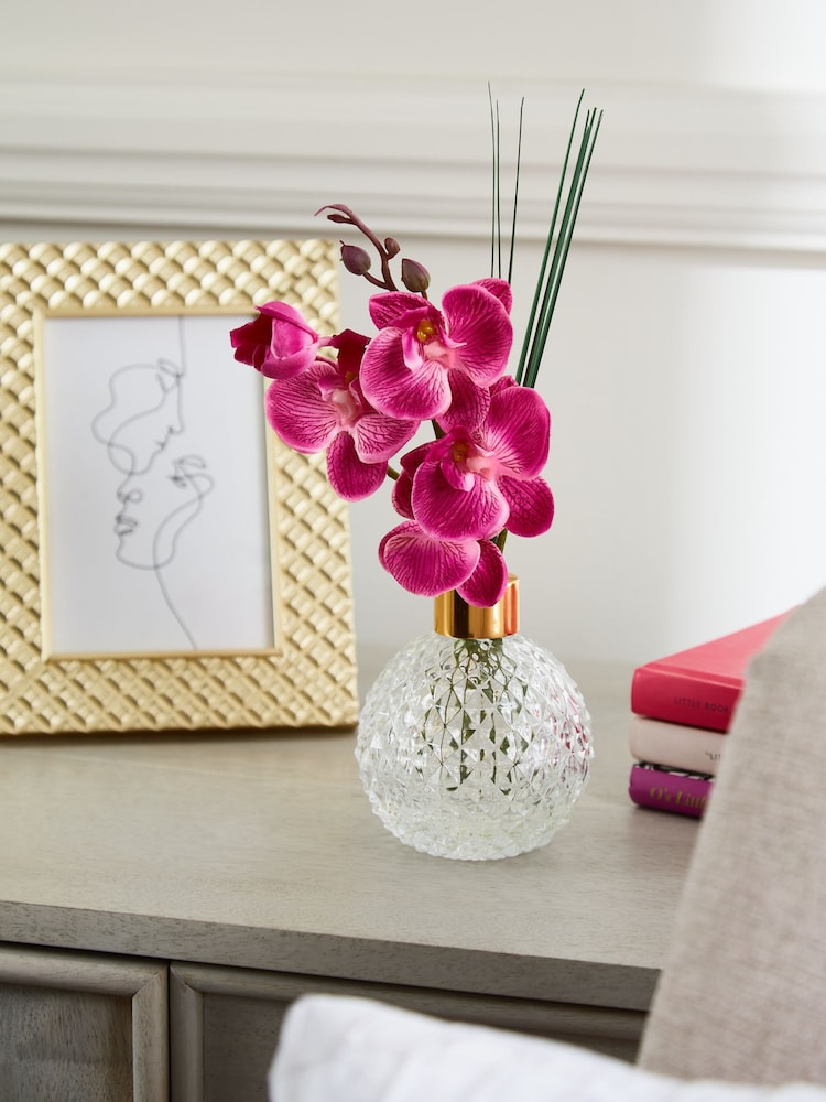 Pink Artificial Orchid In Faceted Glass Vase - Image 1 of 2