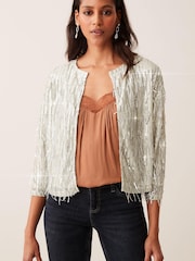 Silver Sequin Fringe Tassel Long Sleeve Jacket - Image 1 of 5
