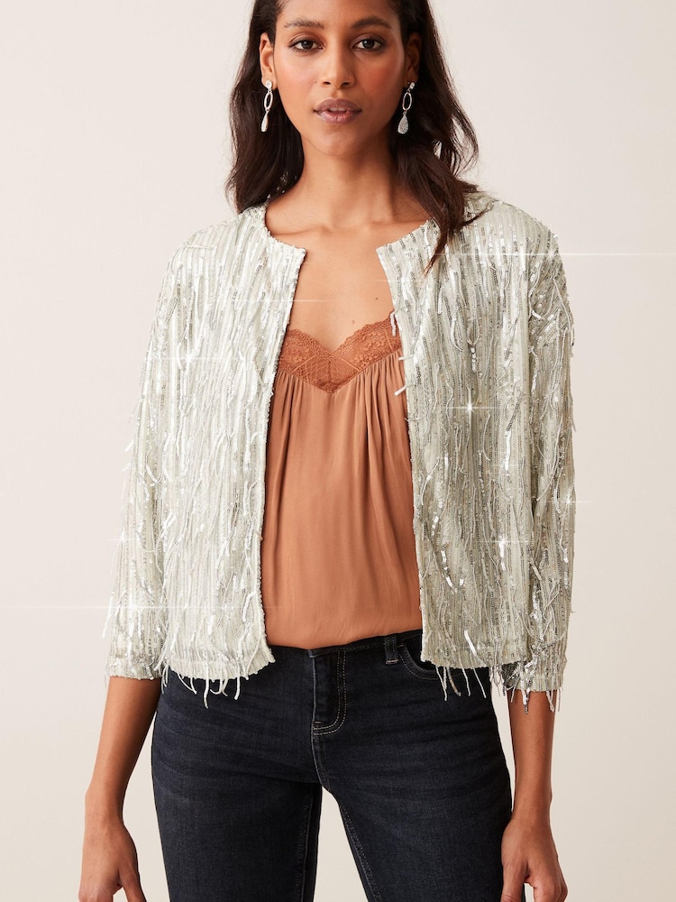 Silver Sequin Fringe Tassel Long Sleeve Jacket - Image 1 of 5