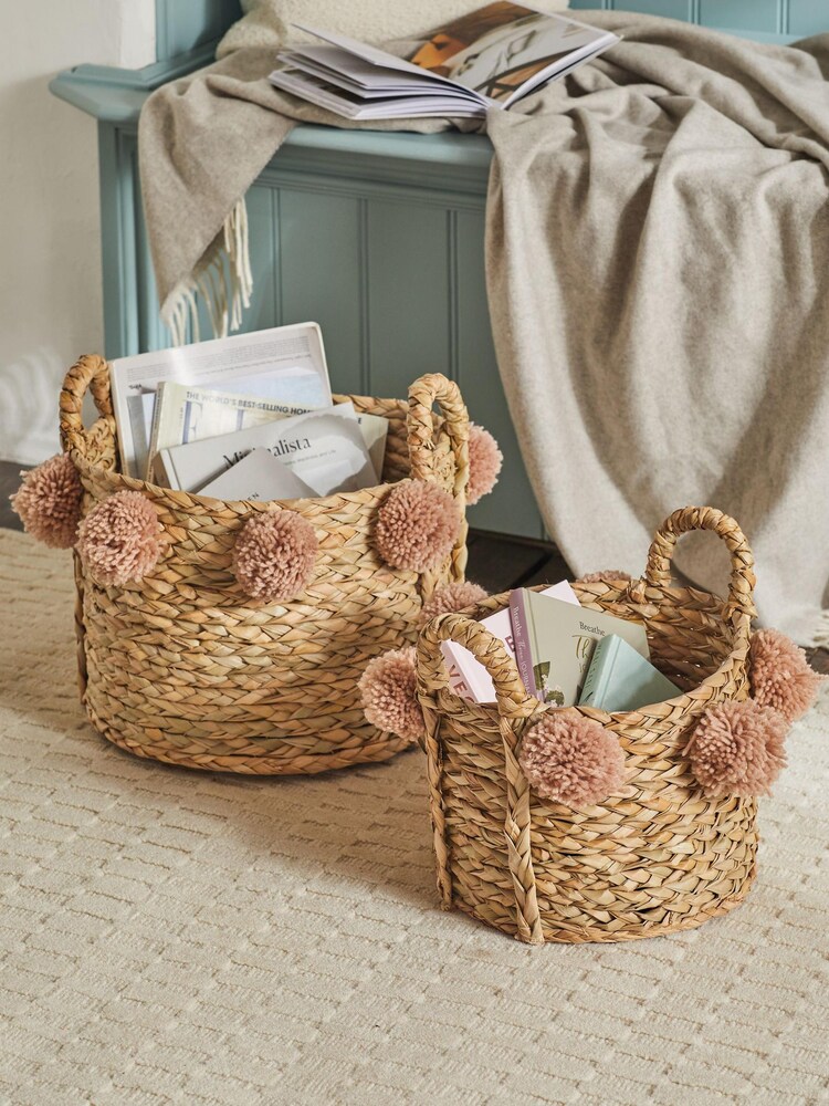Set of 2 Natural Baskets With Poms - Image 1 of 3