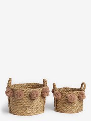 Set of 2 Natural Baskets With Poms - Image 2 of 3