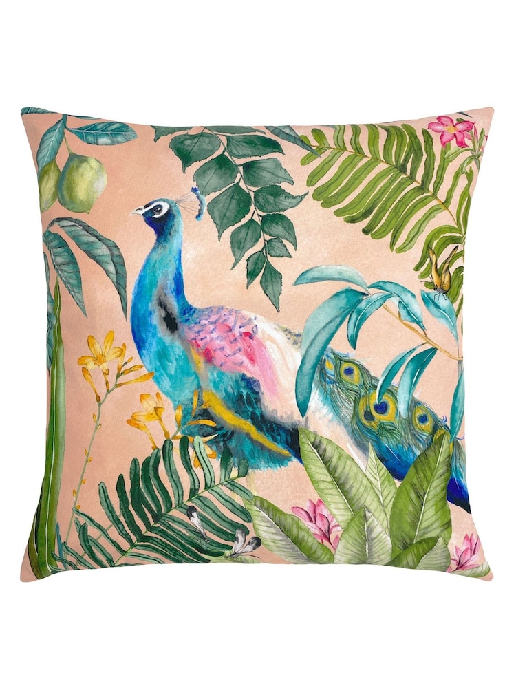 Evans Lichfield Pink Peacock 43x43 Outdoor Polyester Cushion - Image 2 of 5